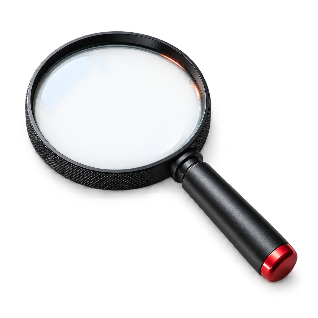 A magnifying glass with a black rim and a red cap
