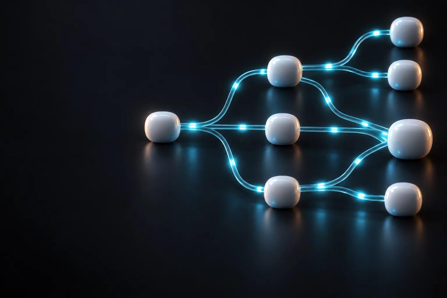 White nodes linked by glowing cyan tubes