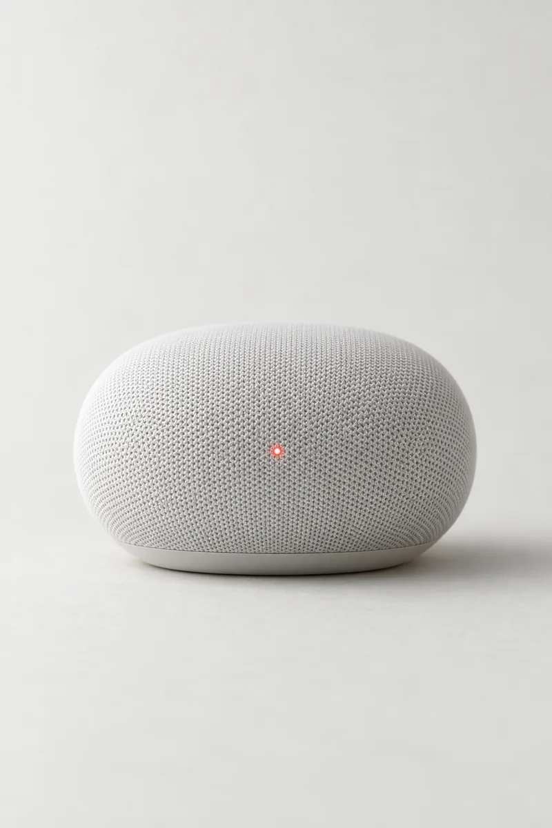A white pebble-shaped speaker with a small red light
