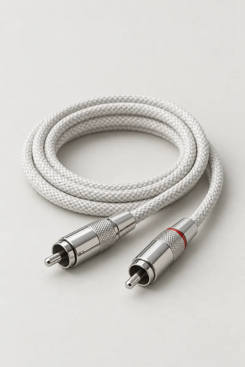 A coiled white cable with chrome connectors
