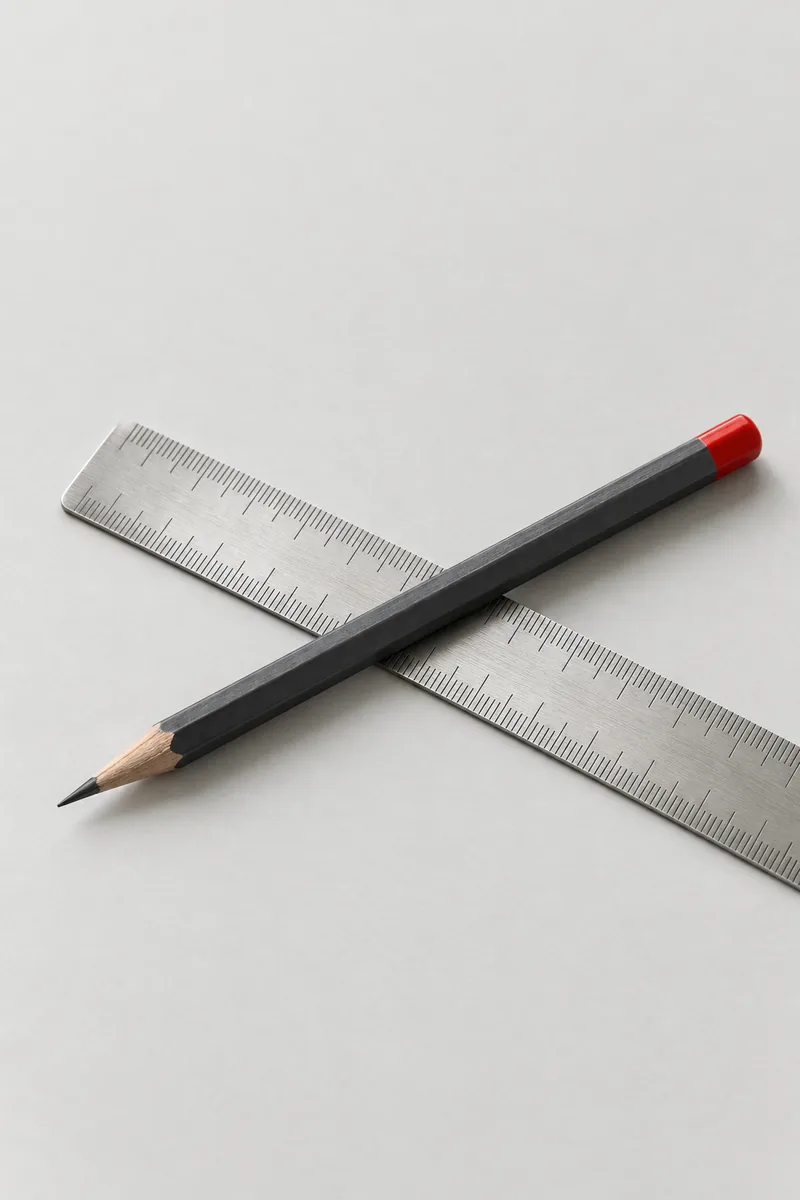 A sharpened pencil with a red cap lying across a steel ruler